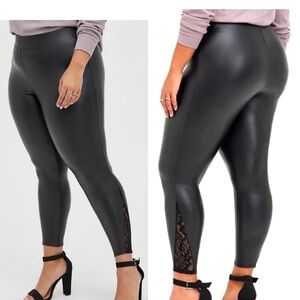 Torrid Faux Leather Black Leggings with Lace Side Panel - Size 3X